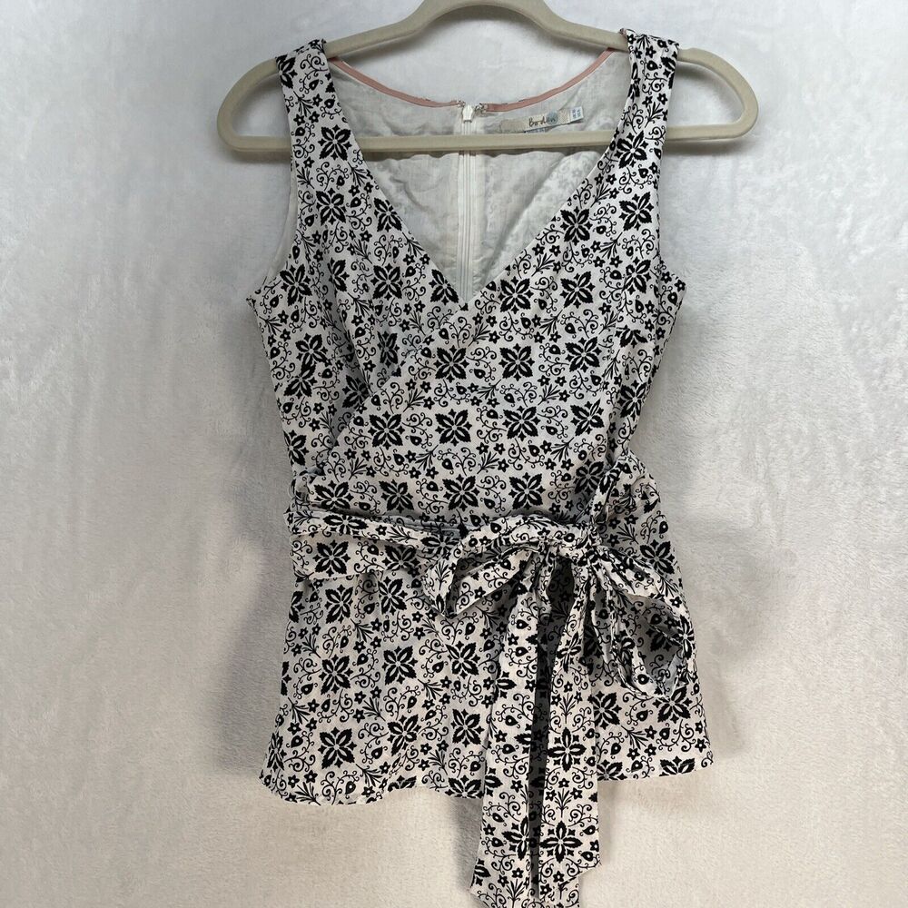 Boden Floral Linen Blend Vneck Wrap Top Women’s‎ Sz 6 Black White Classic
